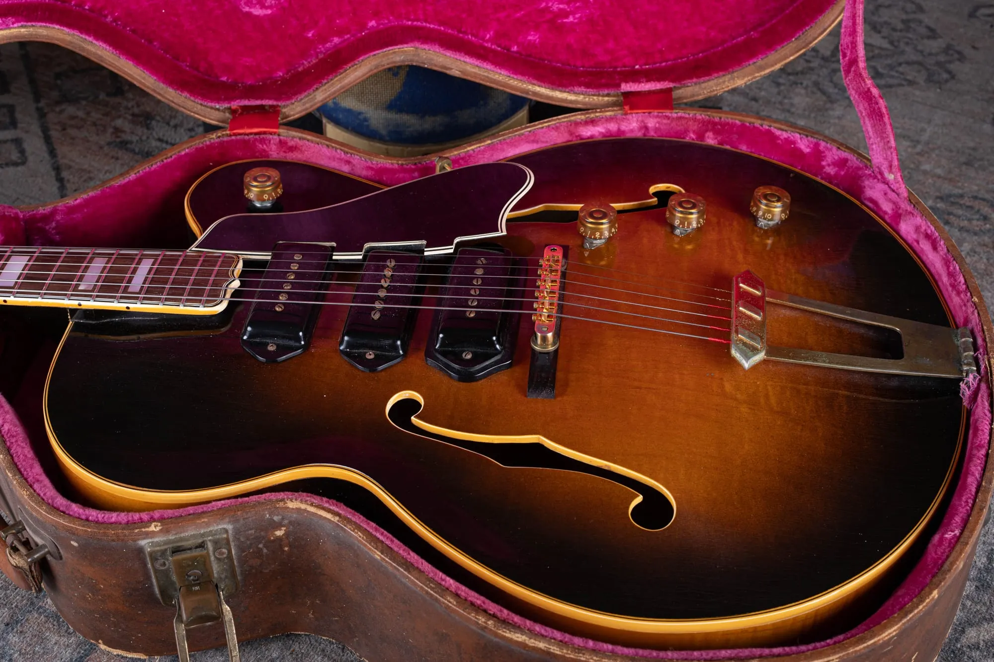 Top view of a 1953 Gibson ES-5 showing three dog-ear P-90 pickups, three volume knobs, and a master tone knob with no selector switch.