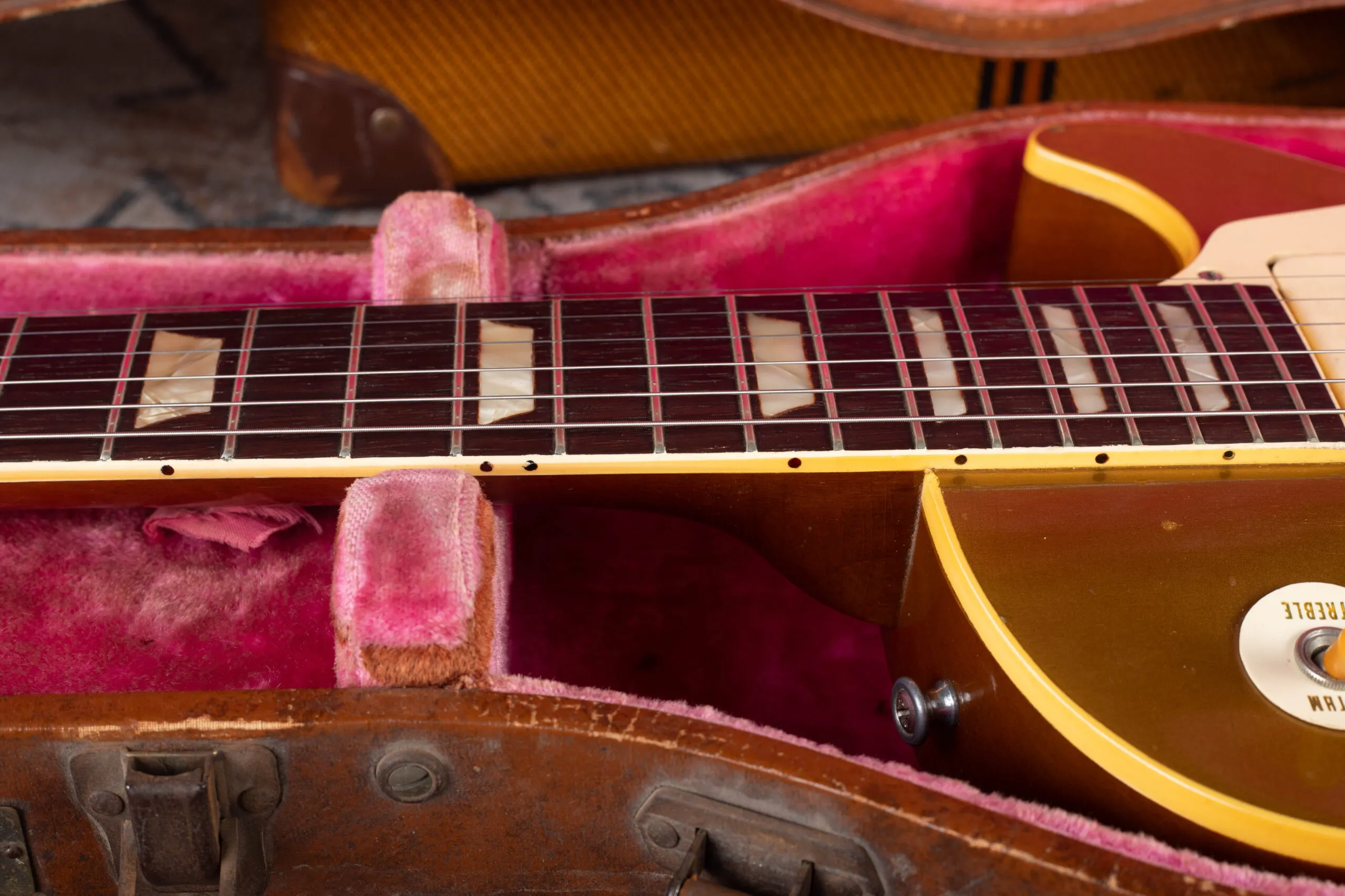 1954 Gibson Les Paul Goldtop trapezoid inlays on Brazilian rosewood fingerboard, Cellulose Nitrate with marbled texture and sharp corners