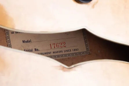 5-digit red ink serial number stamp on the interior label of a 1955 Gretsch Country Club, a first-generation Brooklyn Label