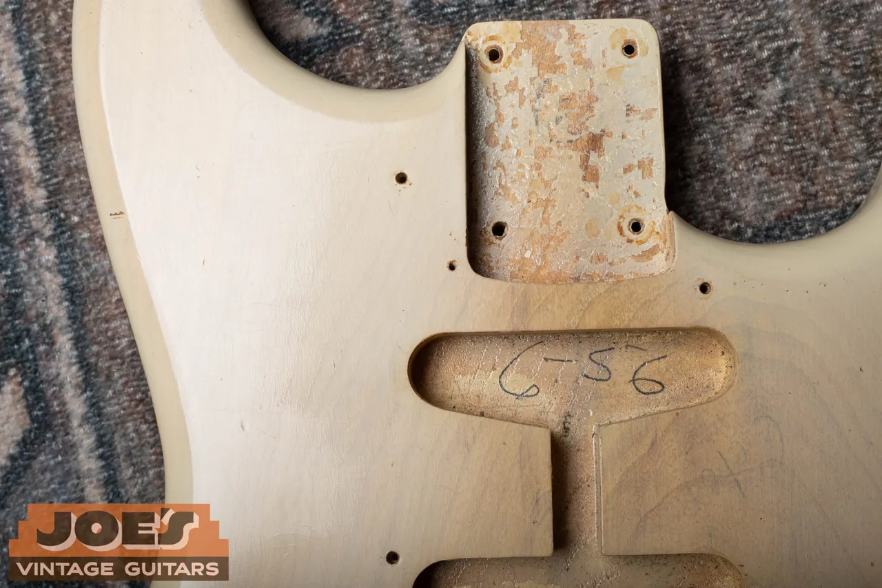 A penciled date reading 6-56 on the body inside a 1956 Fender Stratocaster pickup route