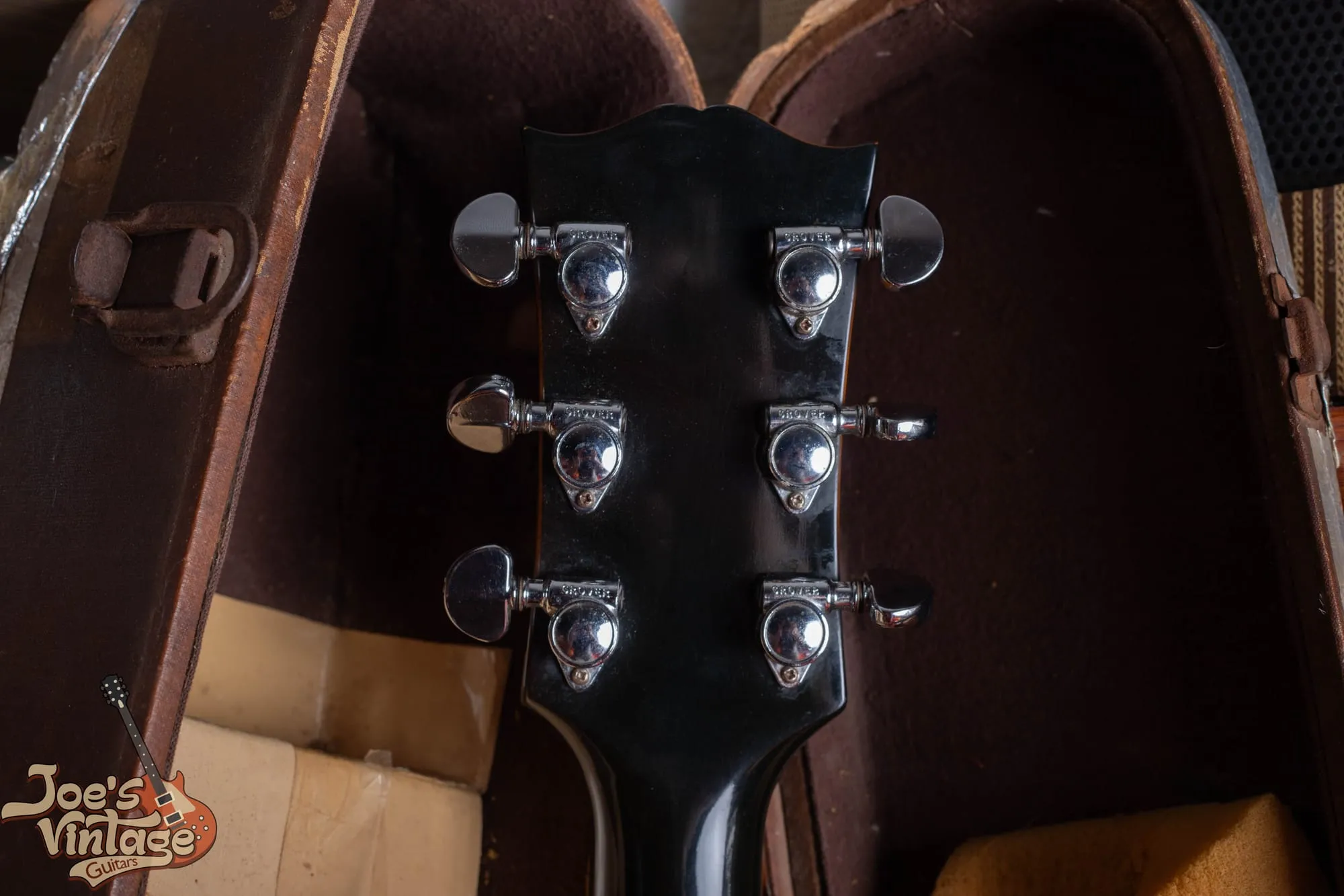 Back of a 1958 Gibson ES-5 Switchmaster headstock showing replaced chrome Grover tuners.