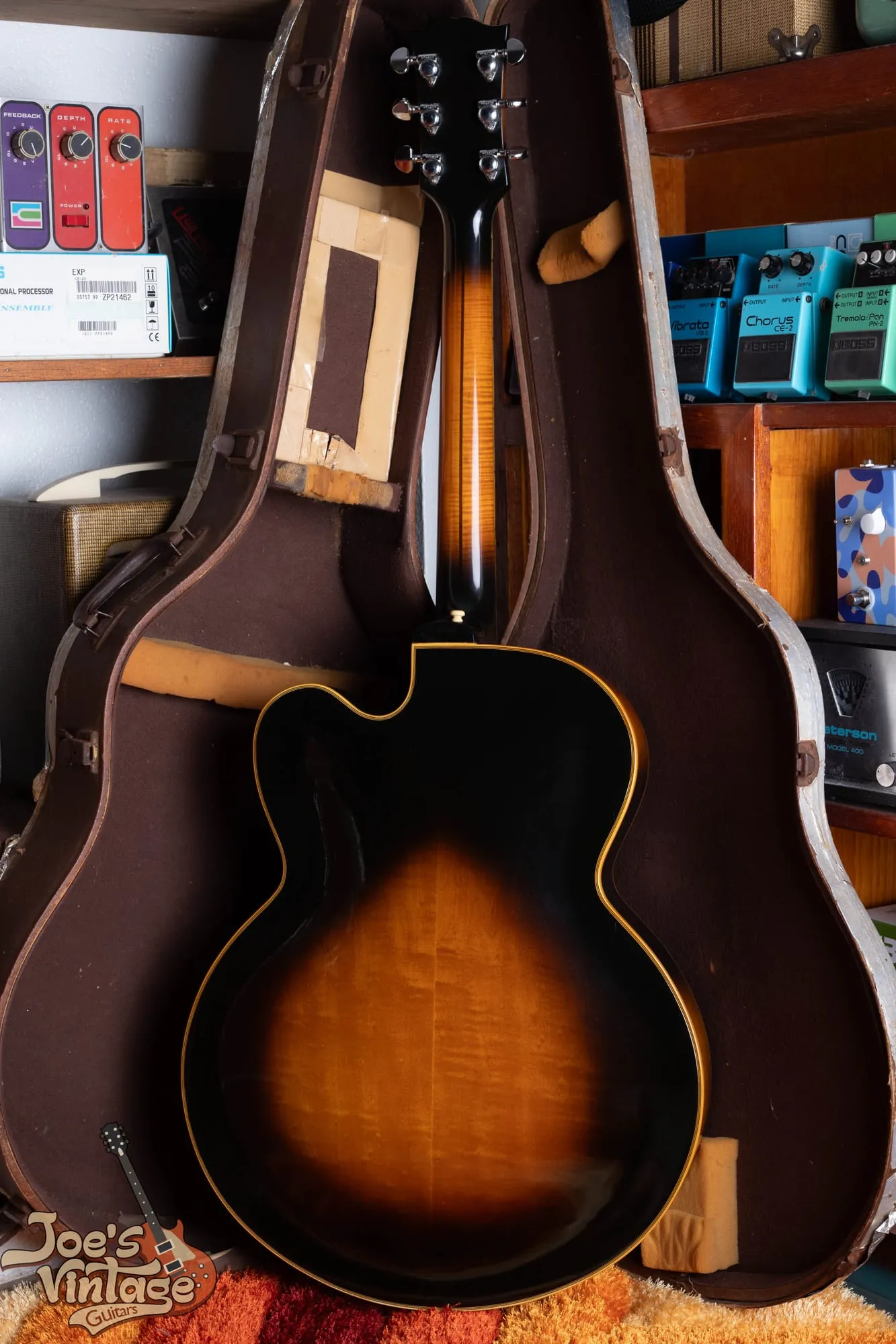 Back of a refinished 1958 Gibson ES-5 Switchmaster in sunburst showing figured maple.