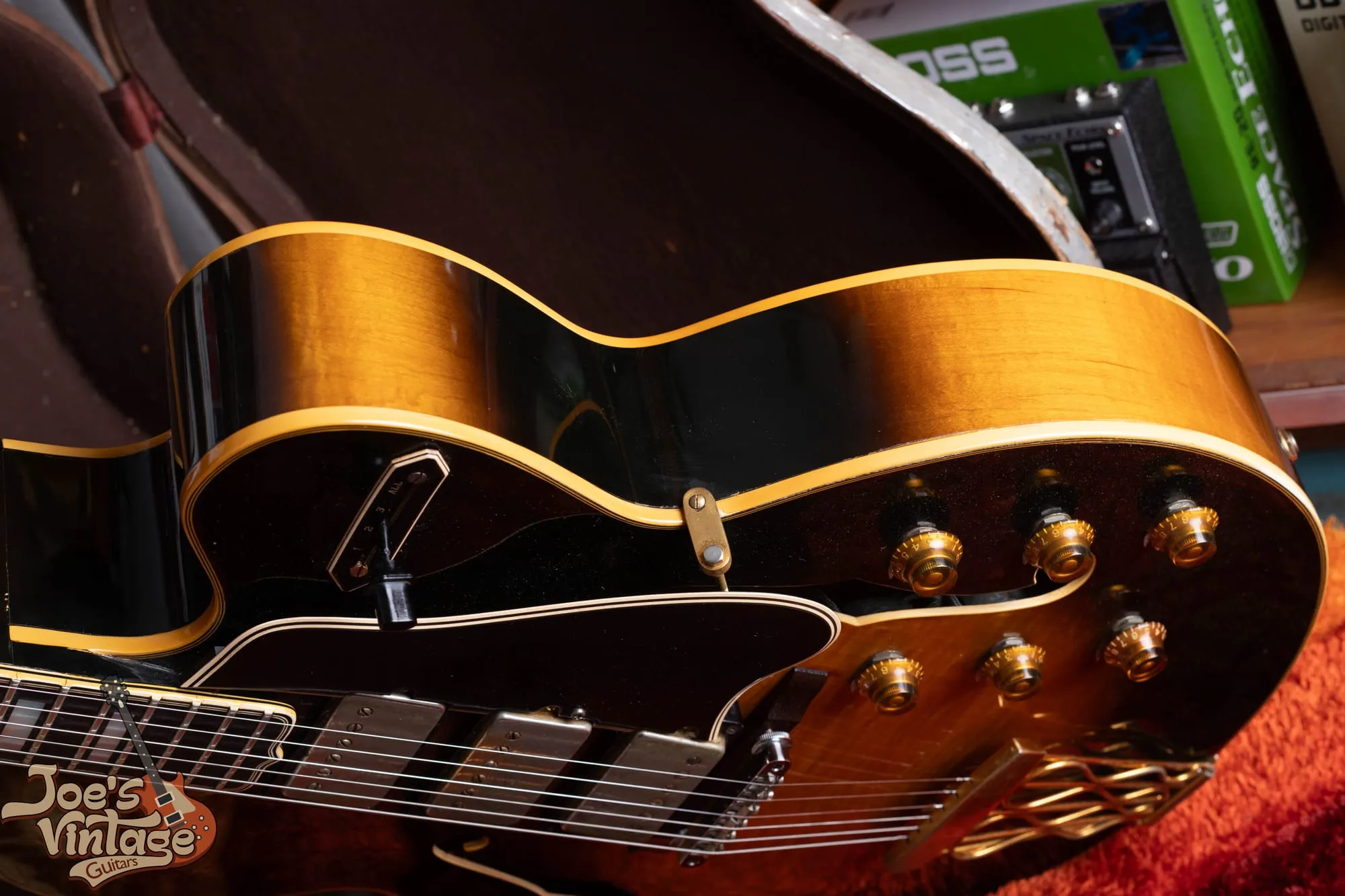 Gold tune-o-matic bridge and wavy wire tailpiece on a 1958 Gibson ES-5 Switchmaster.