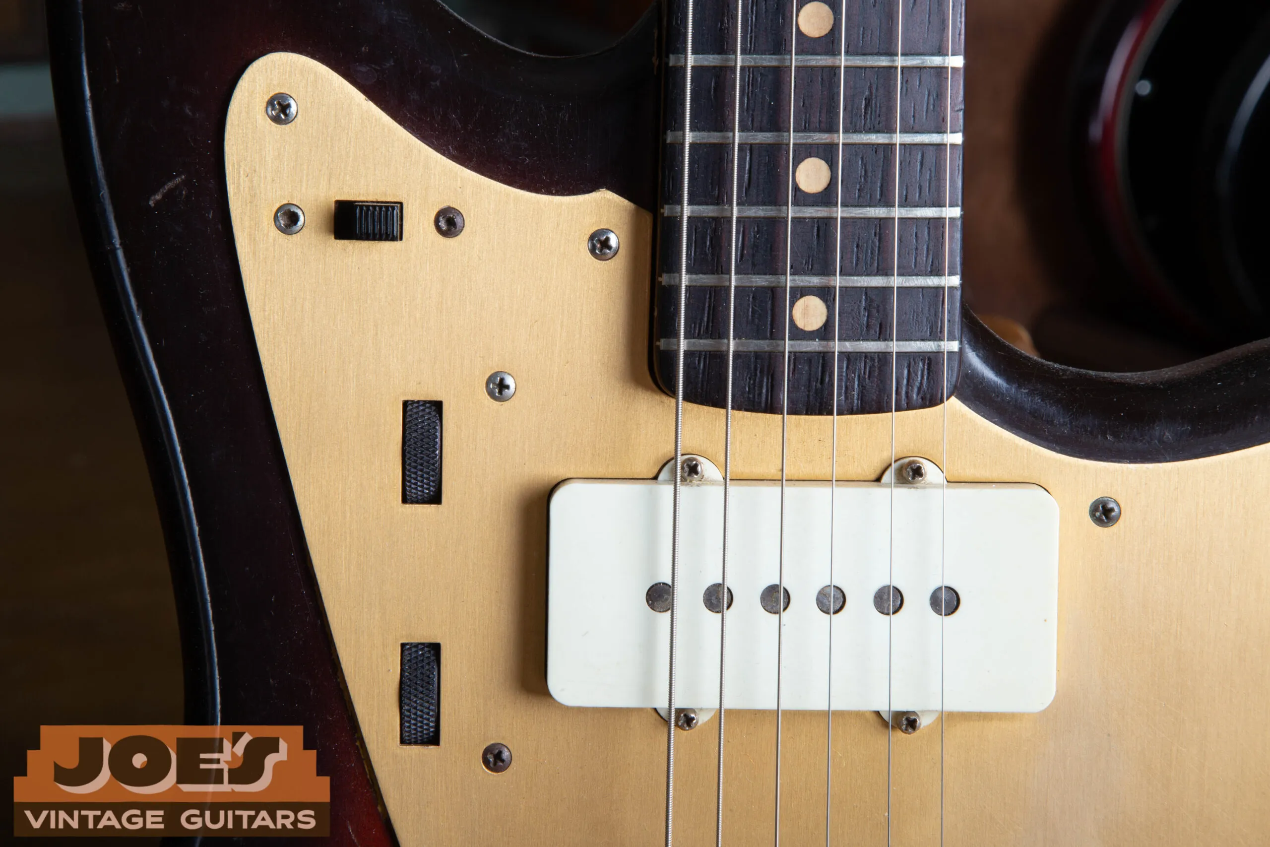 1959 Fender Jazzmaster gold anodized aluminum pickguard, original gold guard era 1958-mid 1959 Jazzmaster showing shielding and 9-screw configuration