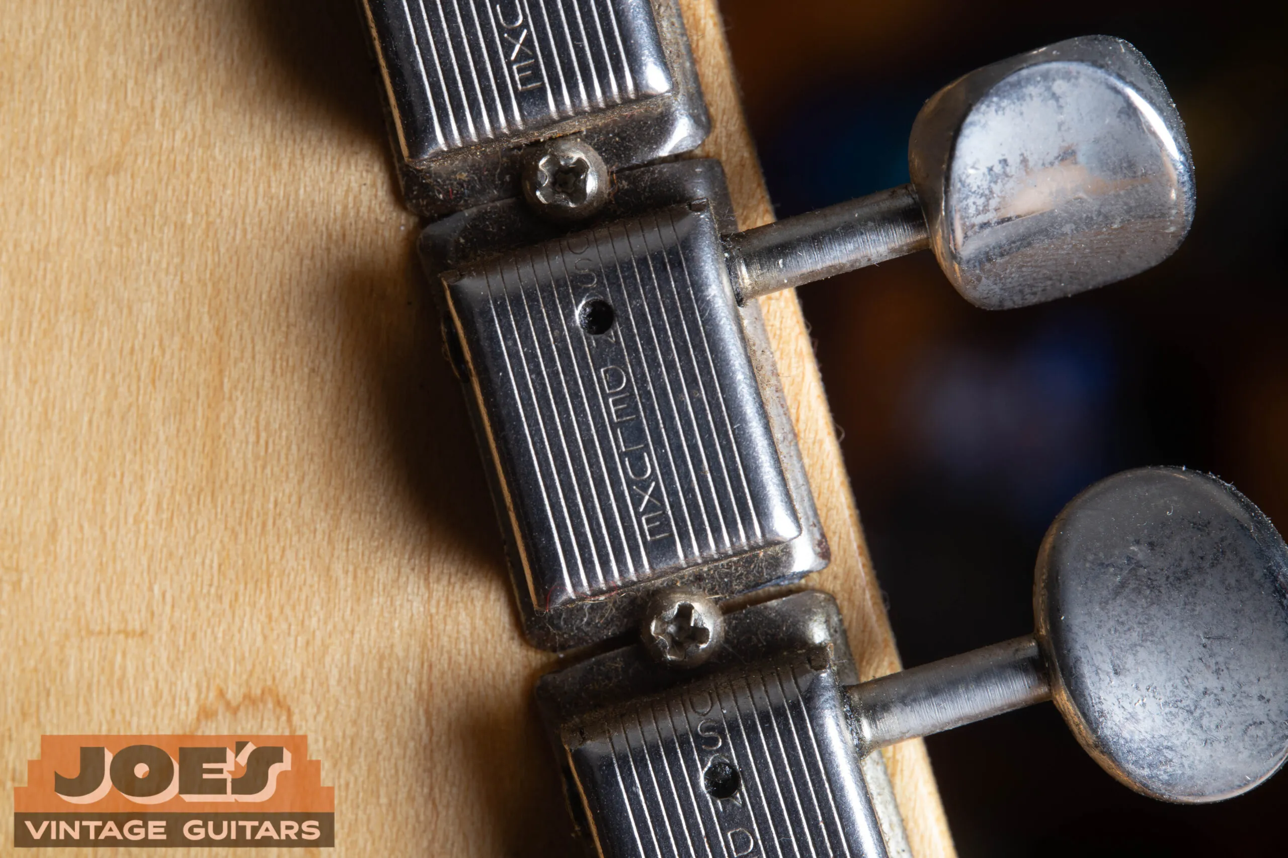1959 Fender Jazzmaster single-line Kluson Deluxe tuners, KLUSON DELUXE text on single line on gear housing back, correct ~1960-1964 tuner specification