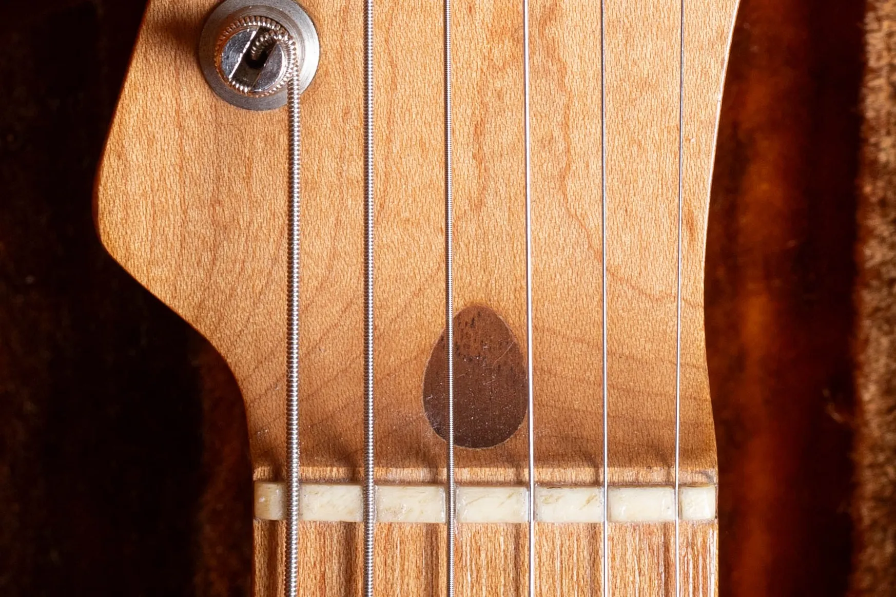 1959 Fender Telecaster early maple board nut area showing one-piece maple neck with no glue line, early 1959 pre-rosewood configuration