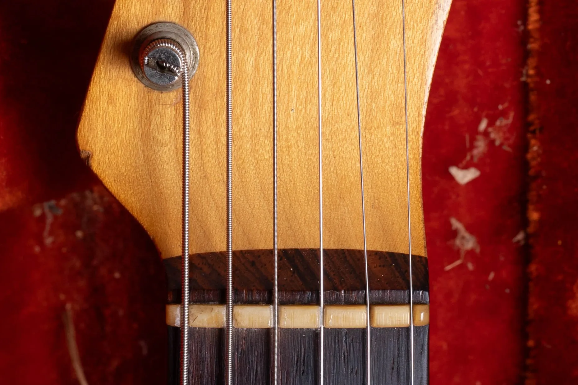 1959 Fender Telecaster thick slab rosewood fingerboard nut area showing glue line and approximately 4.8mm board thickness, mid to late 1959