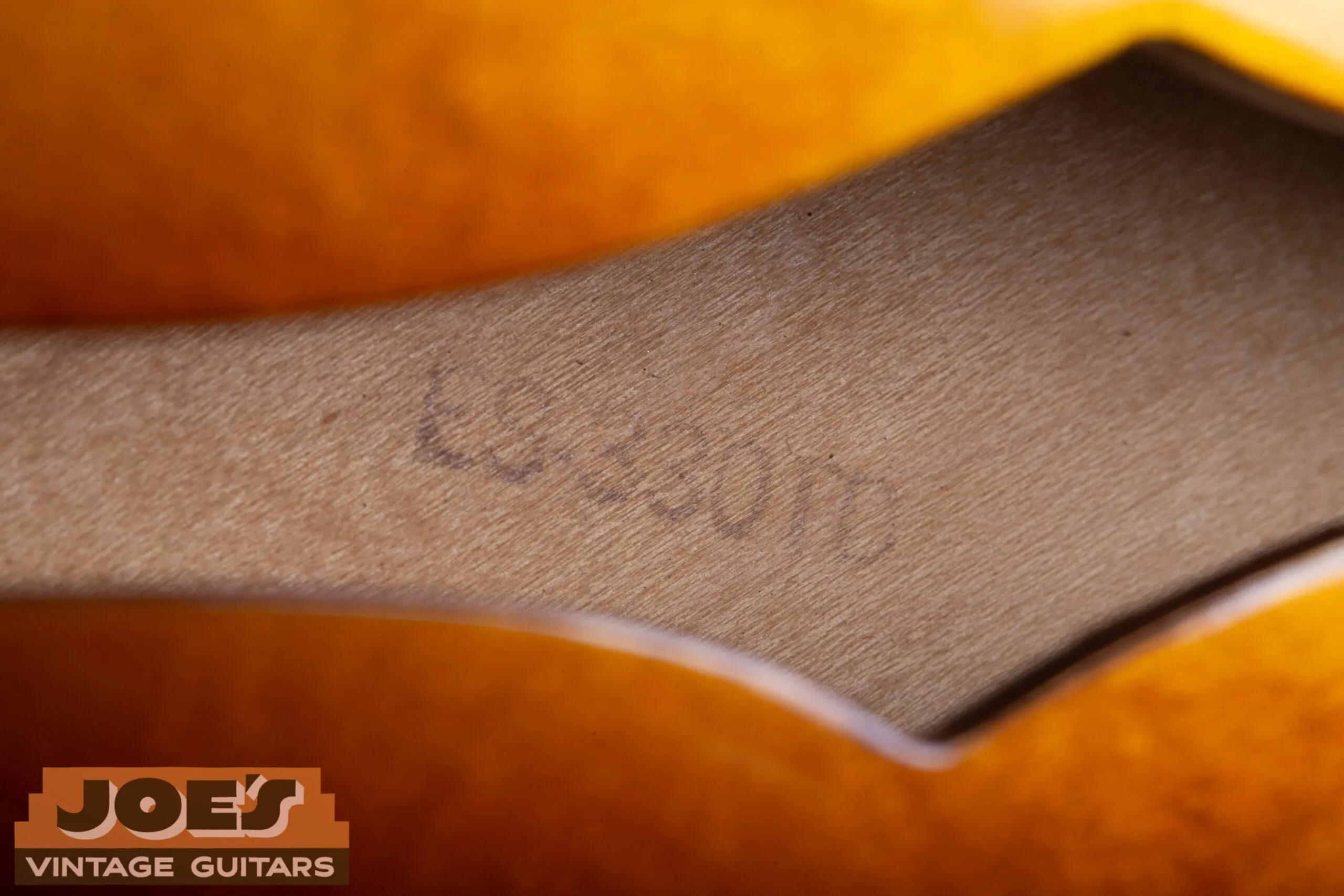 Interior ink stamp on a 1959 Gibson ES-330 showing the model designation, dot-neck ES-330s have no interior label, only this ink stamp and the penciled FON