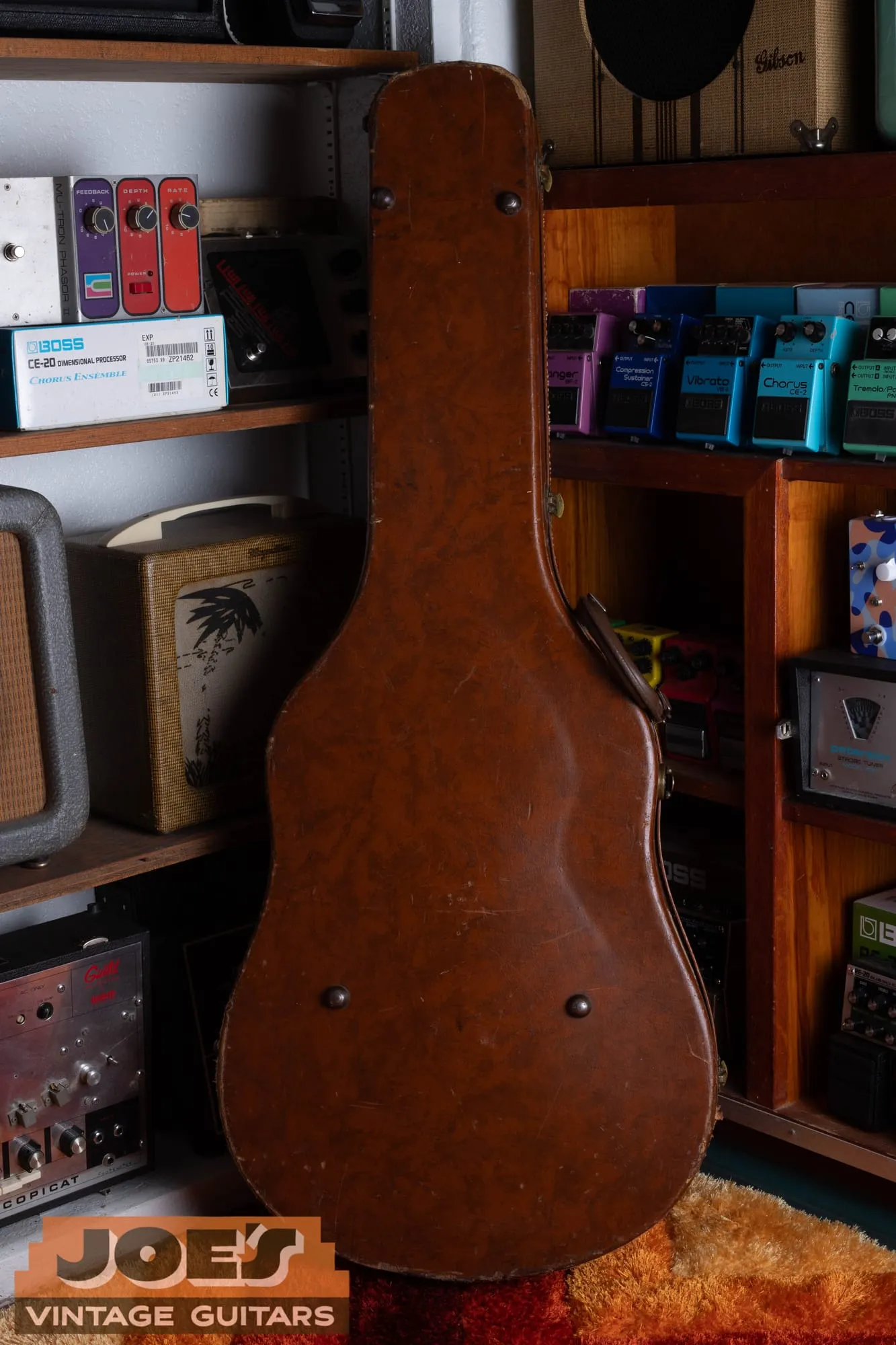 Exterior of the original brown hardshell case for a 1959 Gibson ES-355.