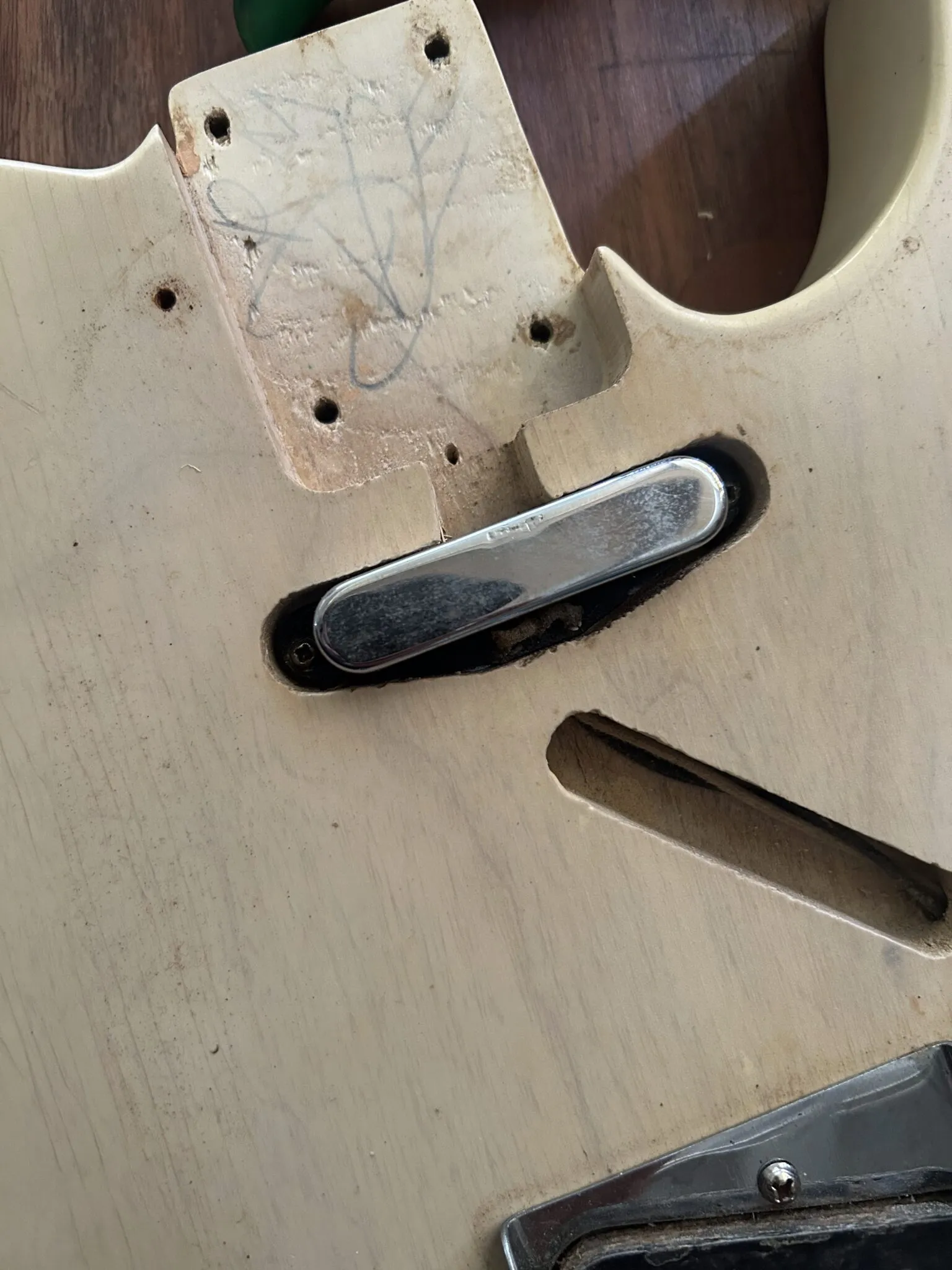 1959 Fender Telecaster neck pocket showing finishing nail hole inside cavity, confirms mid-to-late 1959 body production date