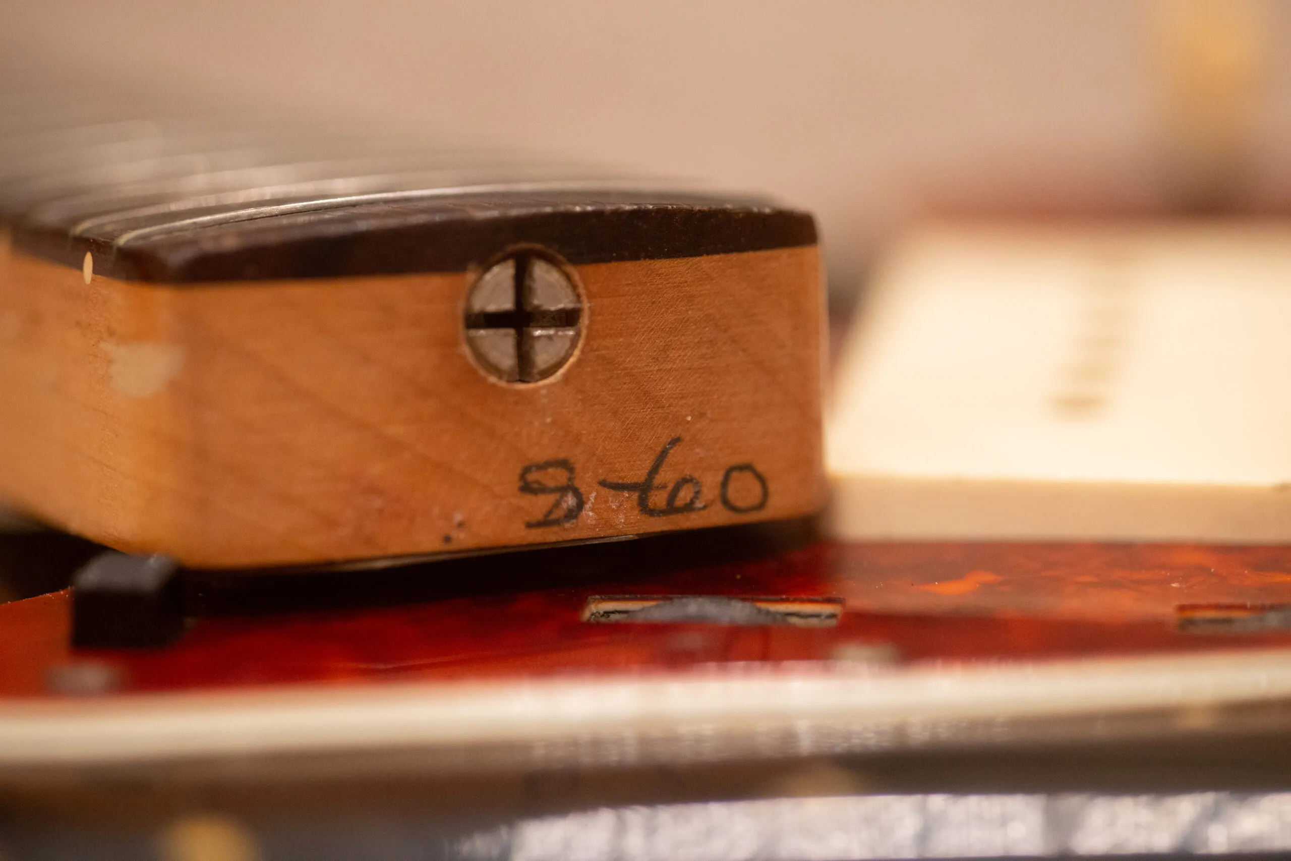 1960 Fender Jazzmaster neck heel pencil date, handwritten month and year on neck butt end, pre-CBS dating method used 1958 through spring 1962