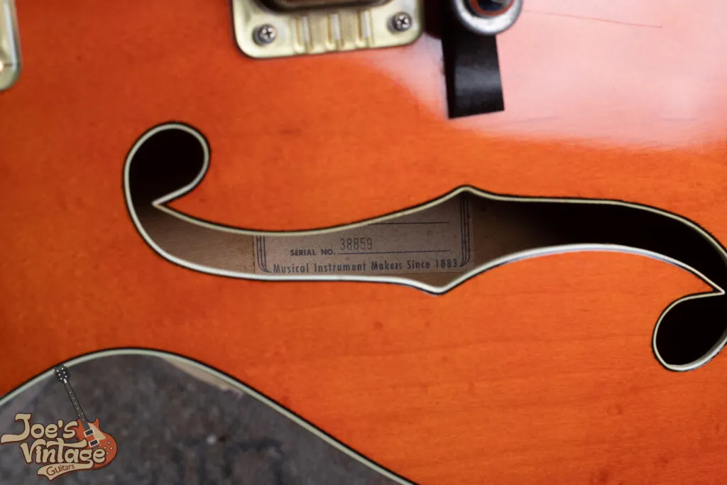 Original 1960 Gretsch 6120 orange interior label showing model number and serial number. Expert vintage Gretsch authentication and nationwide buying at Joe’s Vintage Guitars.