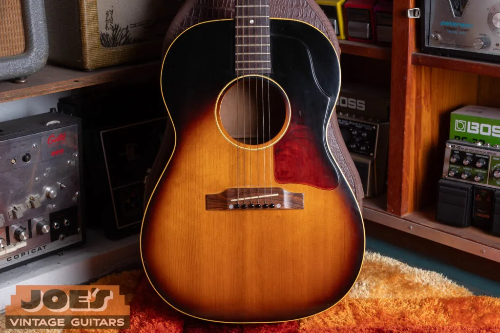 Vintage Gibson LG-1 sunburst acoustic guitar with ladder bracing and tortoise pickguard at Joe’s Vintage Guitars.
