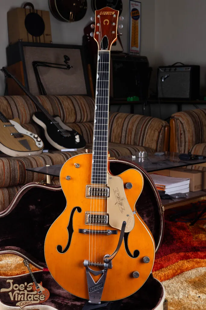 Full front view of a 1961 Gretsch 6120 Chet Atkins single-cutaway hollow body. We offer competitive nationwide payouts for all-original vintage Gretsch guitars.