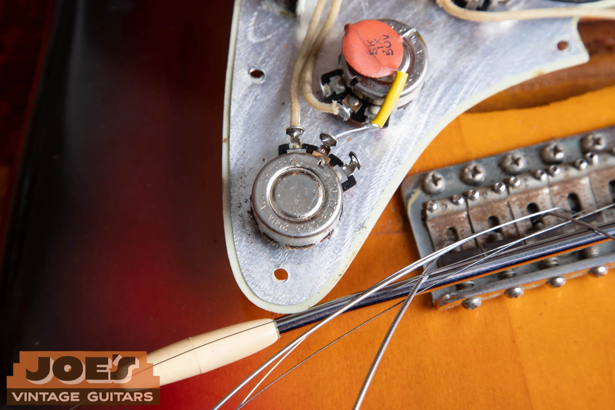 1962 Fender Stratocaster Stackpole pot date code 304-6242 stamped on back of potentiometer casing, confirms 1962 week 42 manufacture