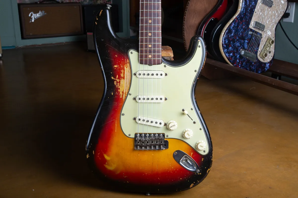 Front shot of a 1963 Fender Stratocaster in Sunburst finish