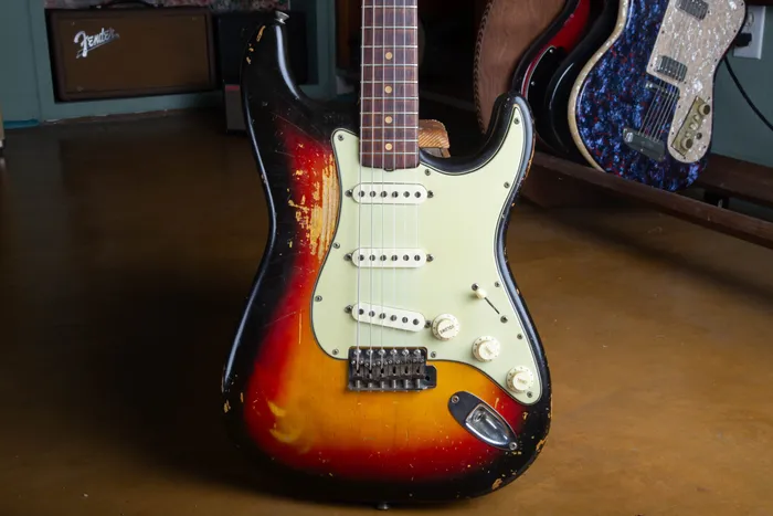 Front shot of a 1963 Fender Stratocaster in Sunburst finish