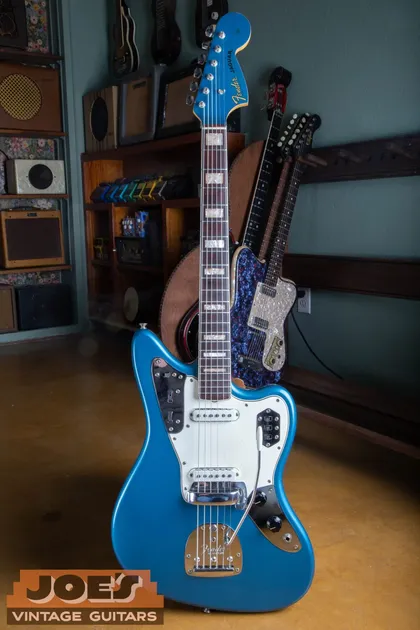 1966 Fender Jaguar in Lake Placid Blue custom color with matching headstock, authenticated by Joe’s Vintage Guitars