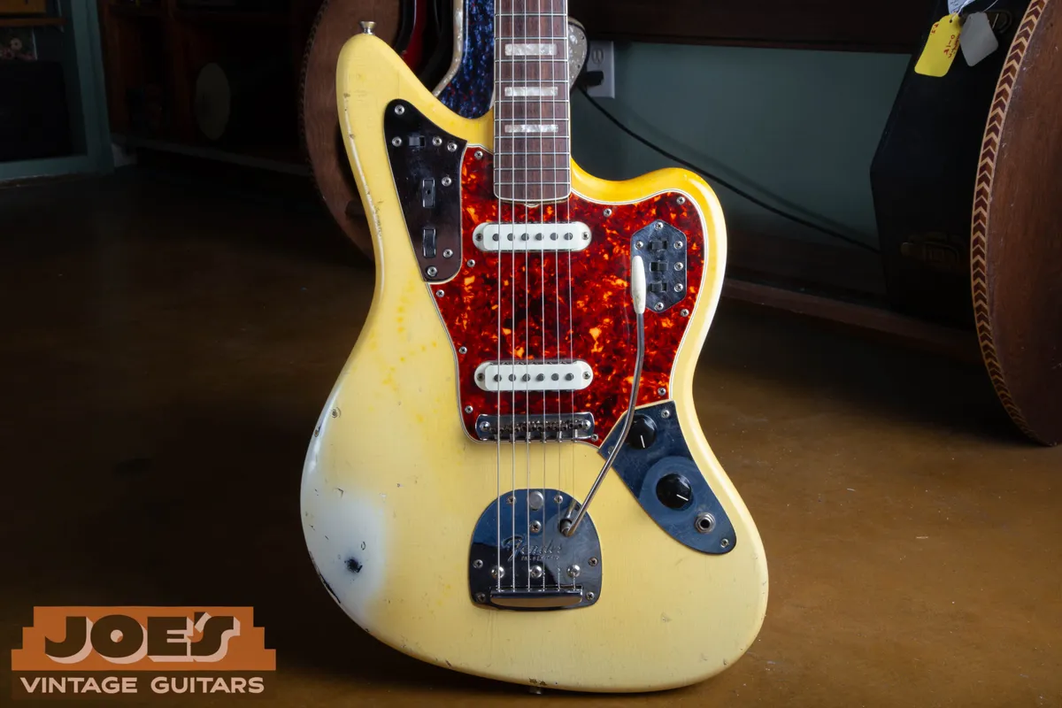 A 1966 Fender Jaguar in original Olympic White finish.