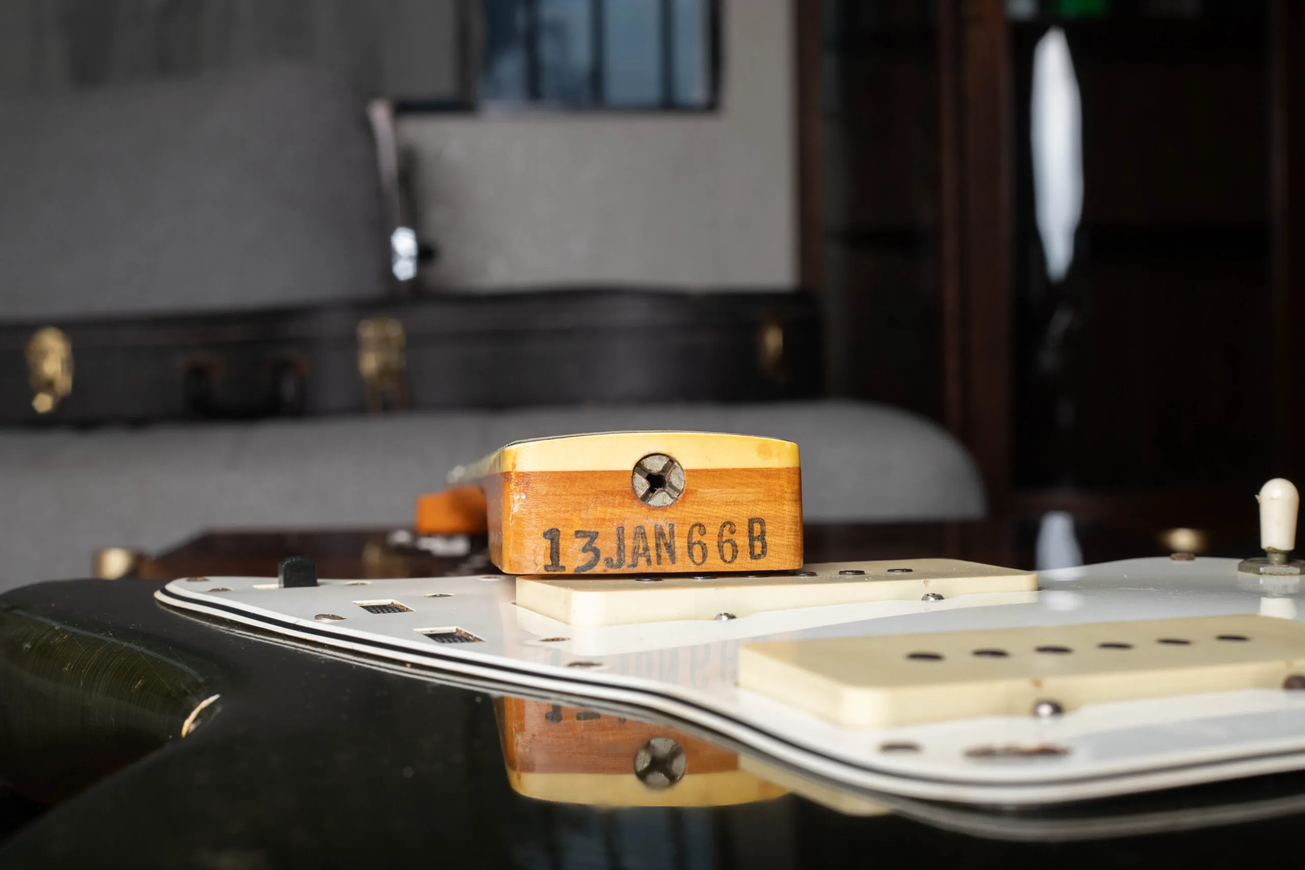1966 Fender Jazzmaster neck heel rubber stamp date code, model number month year and nut width confirming CBS-era production date
