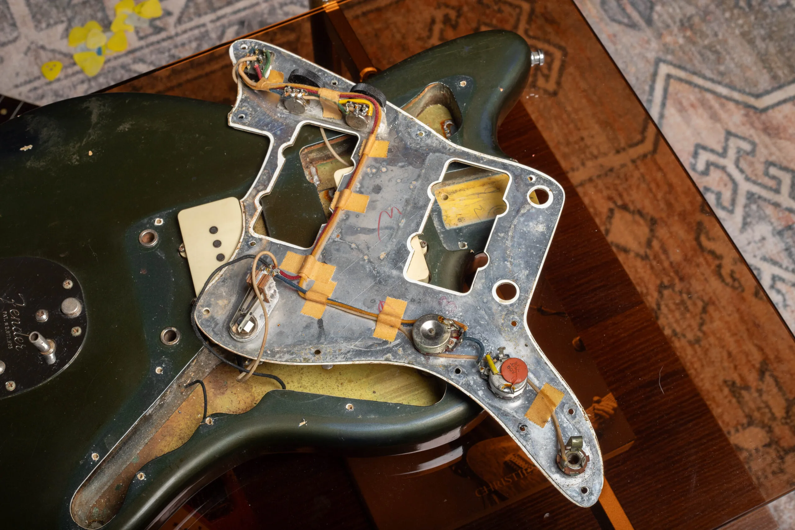 1966 Fender Jazzmaster wiring behind pickguard, dual circuit electronics showing aluminum shielding, lead circuit controls, and characteristic Jazzmaster wiring layout