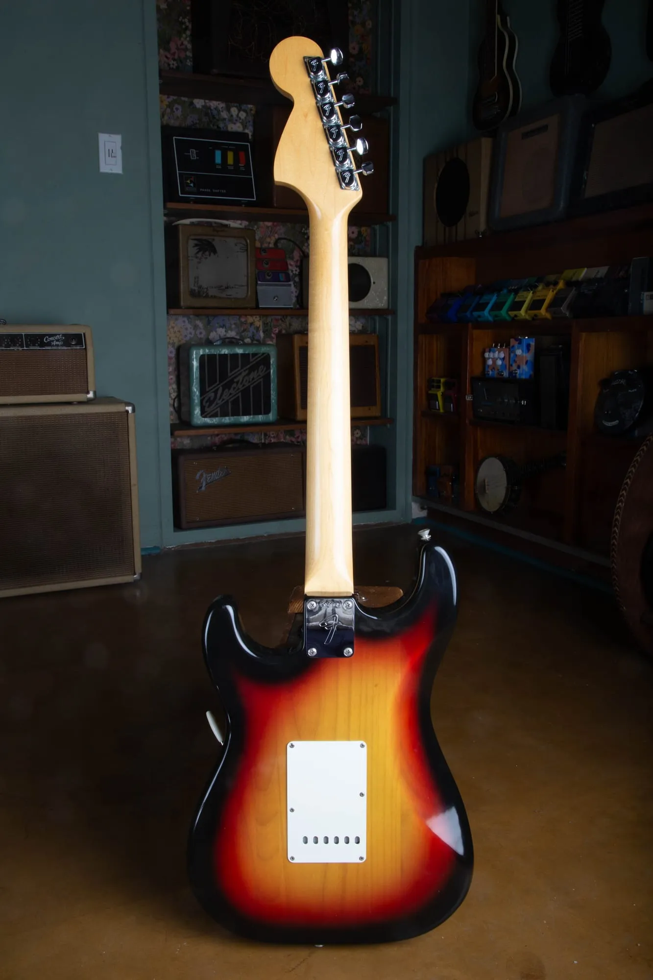 Back of a 1967 Fender Stratocaster in three-tone sunburst standing in a guitar shop, showing the smooth maple neck back with no skunk stripe, the four-bolt F neck plate, and the white plastic tremolo backplate.