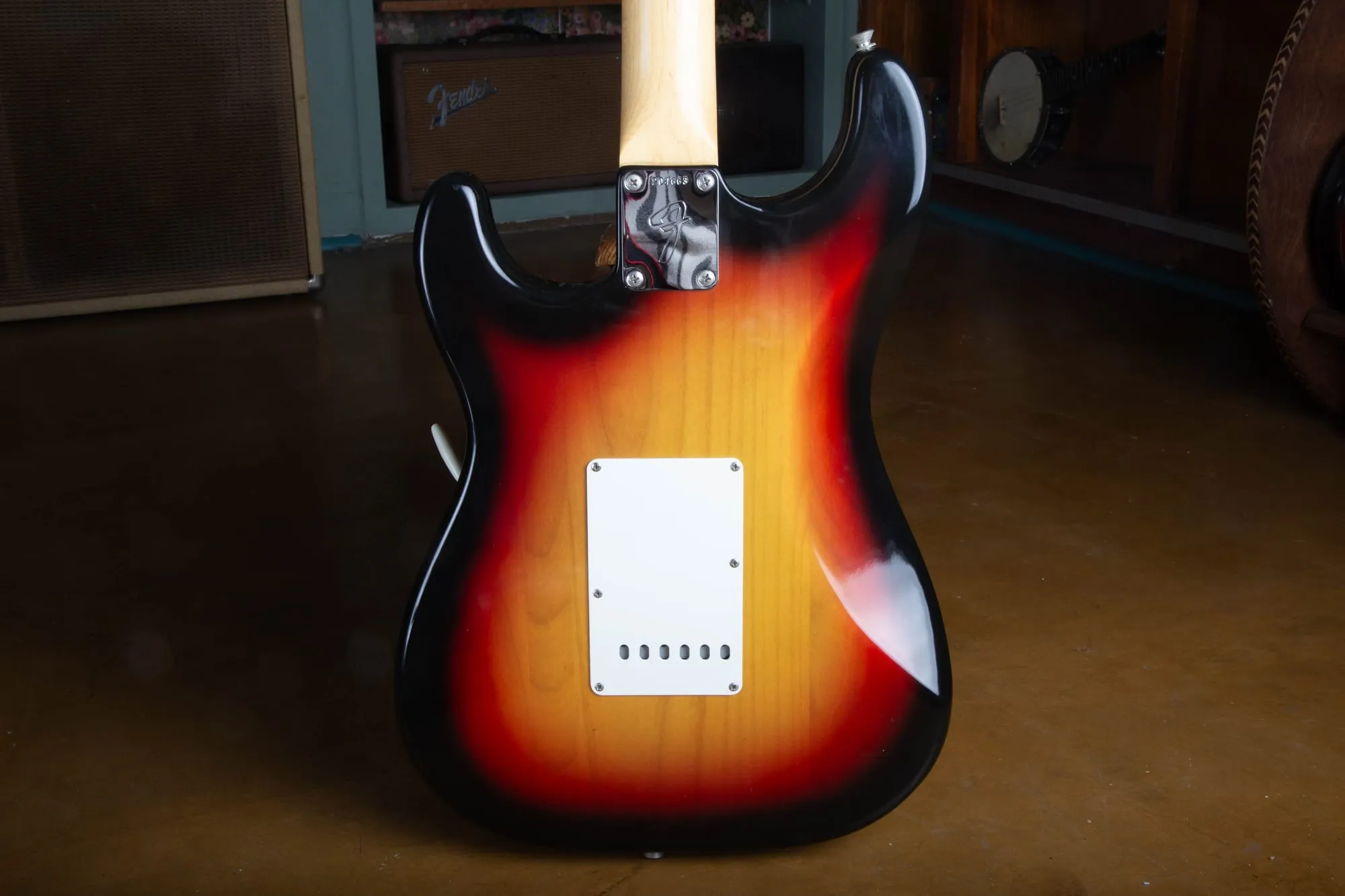 Back of a 1967 Fender Stratocaster body in three-tone sunburst, showing the single-ply white plastic tremolo cover plate held on by six screws below the four-bolt F neck plate.
