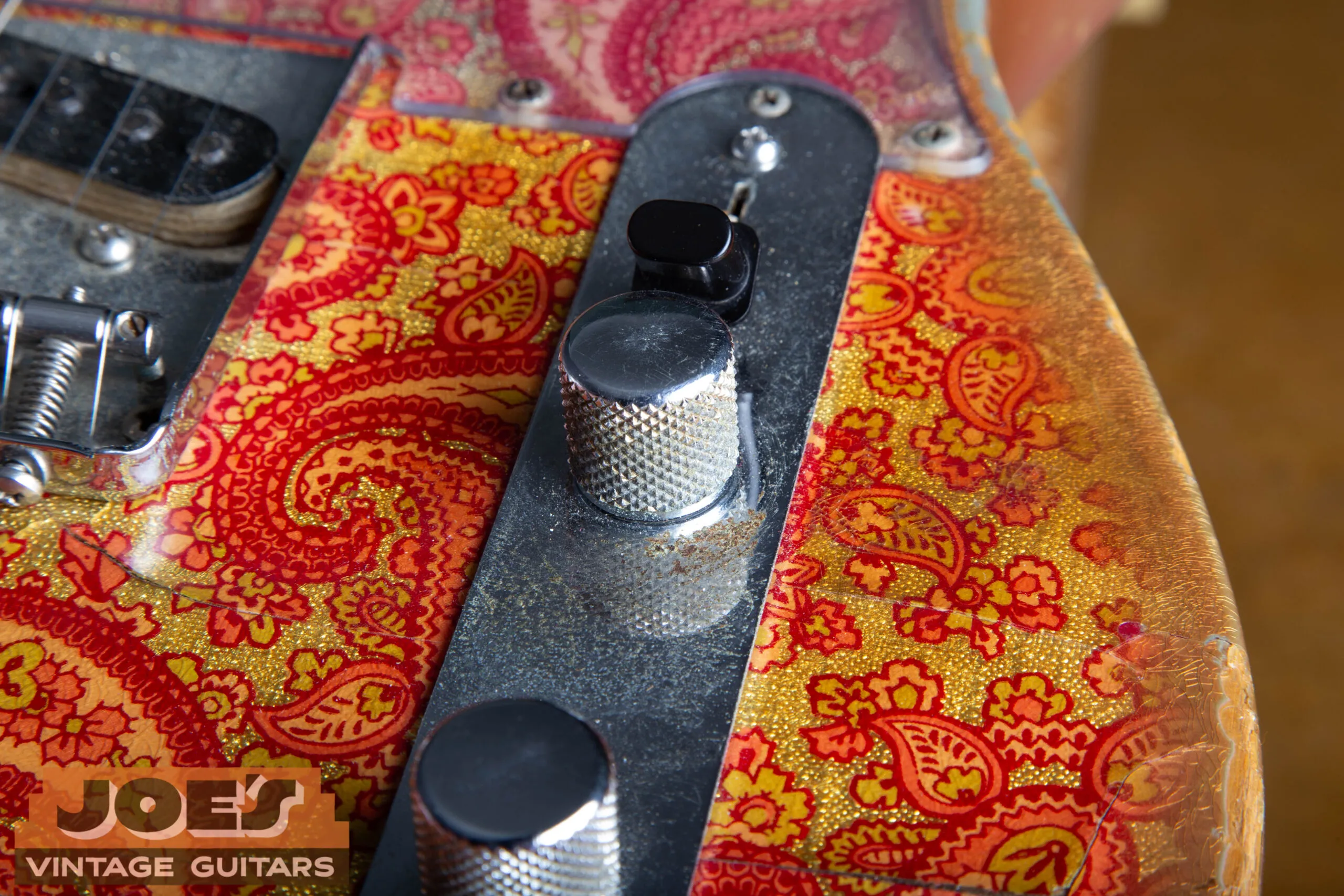Chrome-plated brass knurled flat-top knob on 1969 Fender Paisley Telecaster, CBS era