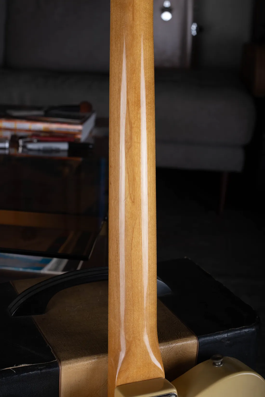 The back of a 1970 Fender Telecaster maple cap neck, clean maple with no skunk stripe