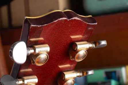 Gold Grover Rotomatic tuners on a 1959 Gibson ES-355, enclosed self-lubricating tuners with round housing