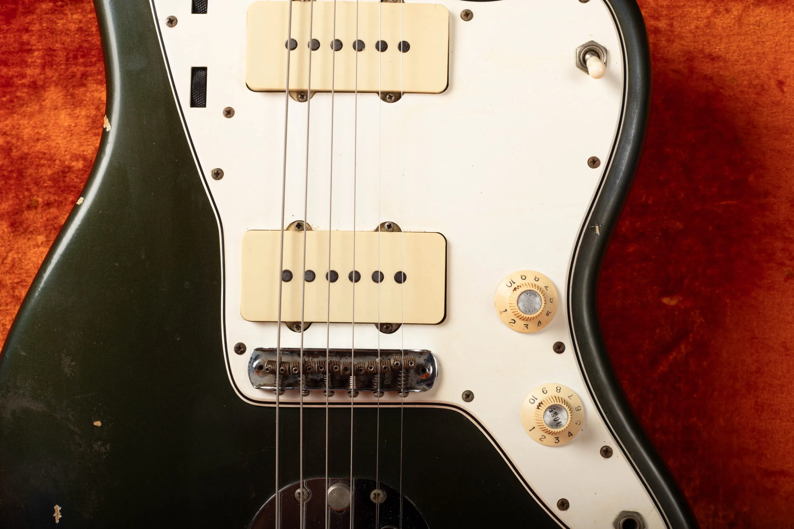 Charcoal Frost Metallic Fender Jazzmaster with original white pickguard, correct white guard on custom color Jazzmaster with matching headstock