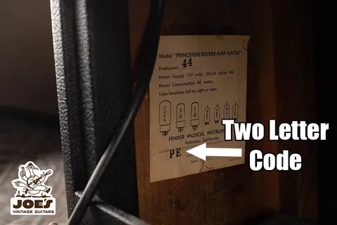 Fender amplifier tube chart with the ink-stamped two-letter date code. The first letter is the year and the second letter is the month.