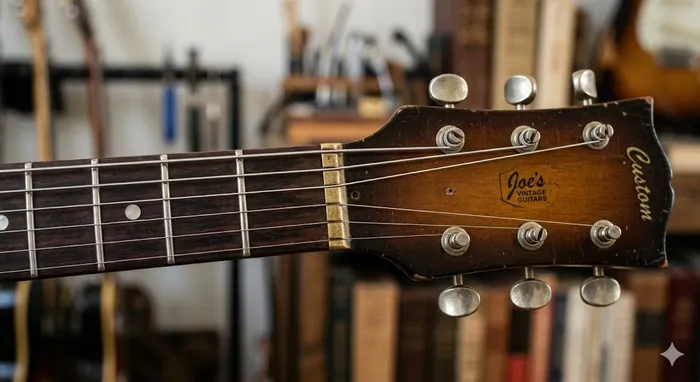 Close-up of a vintage guitar headstock featuring a 1970s era brass nut modification at Joe’s Vintage Guitars