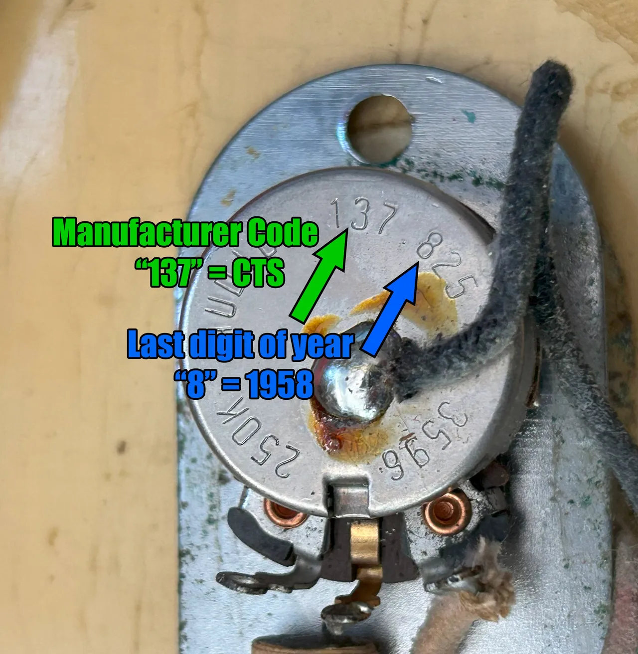 A CTS potentiometer on a vintage Fender, maker code 137, with the date code showing 1958