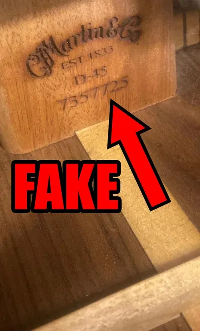 Fake Martin neck block stamped in a generic serifed font, a counterfeit warning sign