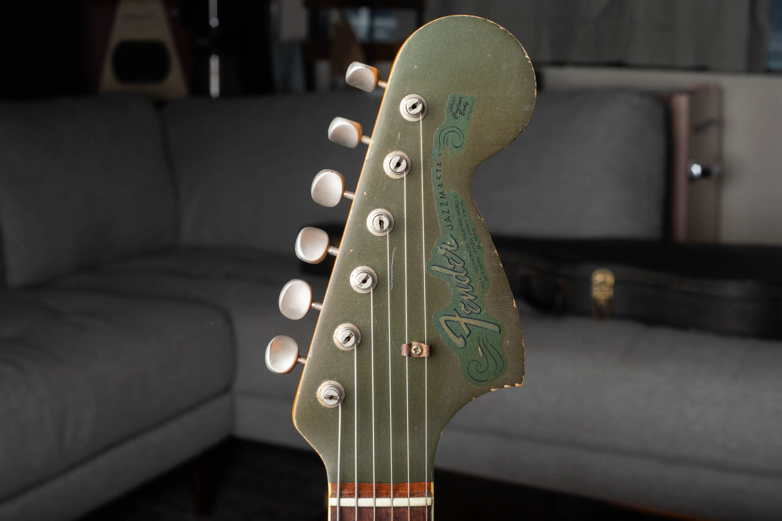 Fender Jazzmaster custom color matching headstock, body color painted headstock on Charcoal Frost Metallic Jazzmaster confirming factory custom color specification
