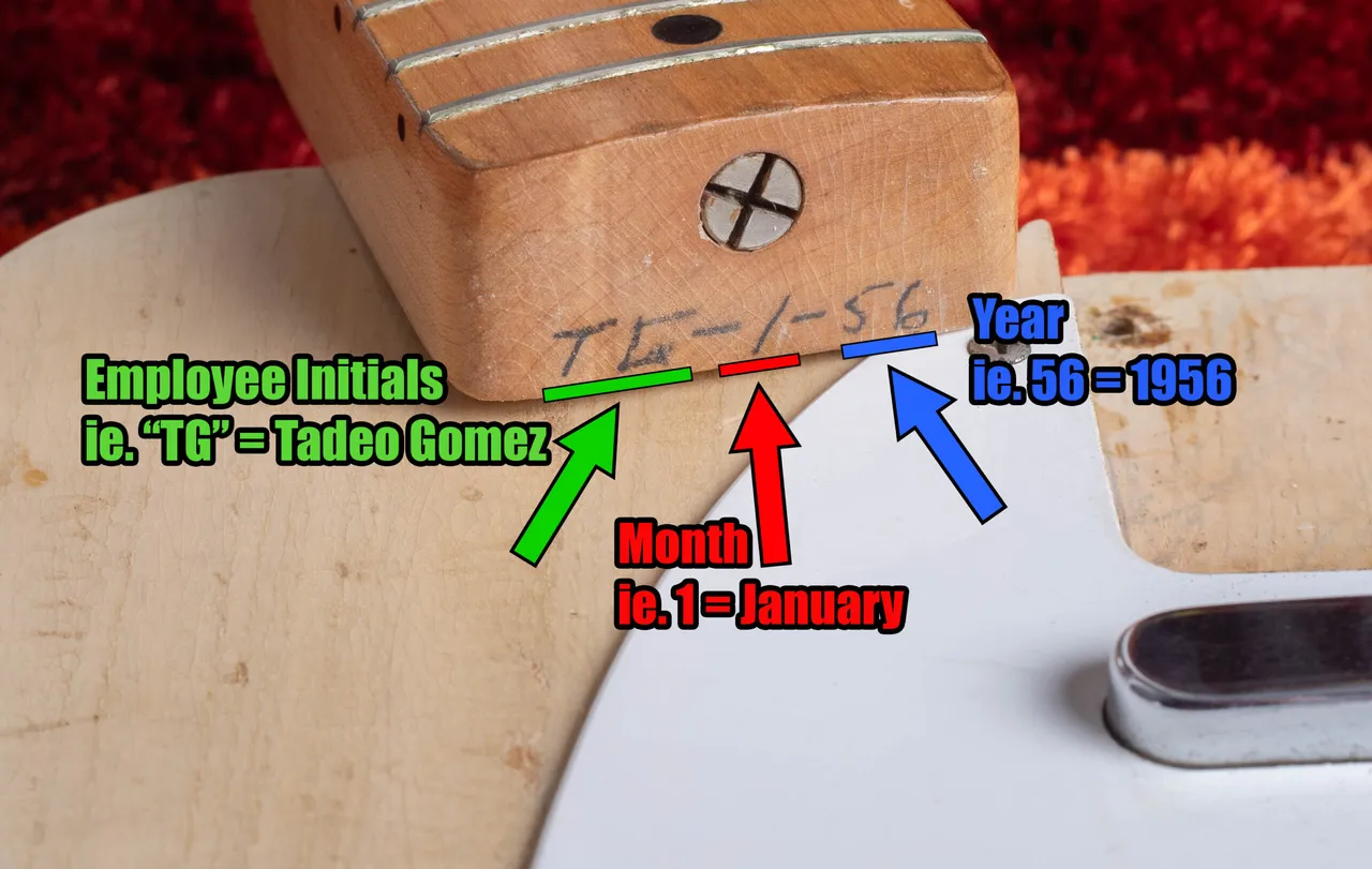 A Fender neck heel with a pencil date marking in month-year format