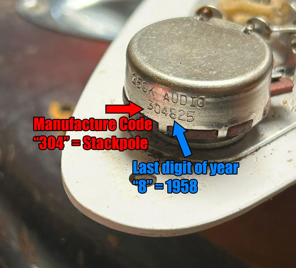 A Stackpole potentiometer on a vintage Fender, maker code 304, with the date code showing 1958