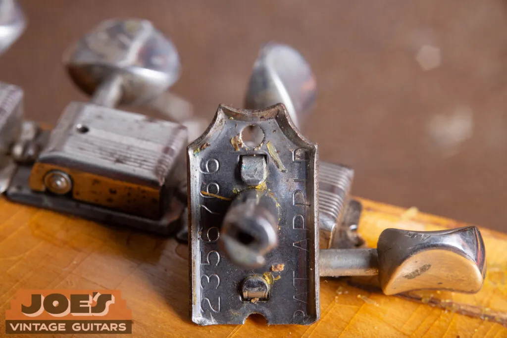 Close-up of the back of a 1952 Fender Telecaster tuner showing the “PAT. APPLD.” stamp