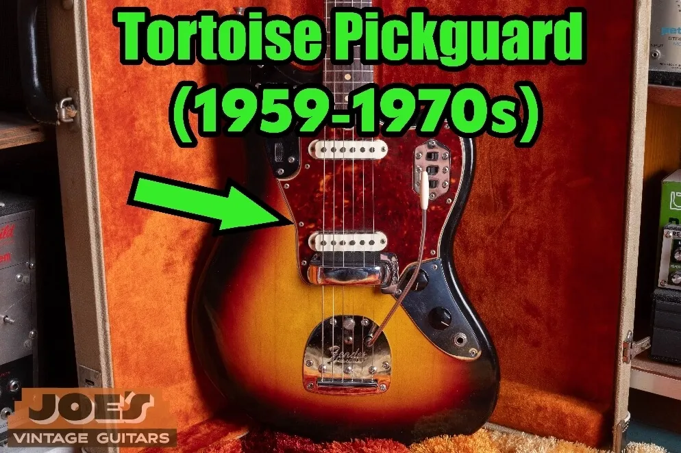 A vintage Fender tortoise shell nitrate pickguard on an offset guitar