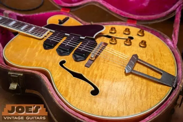 A natural, or blonde, Gibson ES-5 with three dog-ear P-90 pickups, the rarer and more valuable finish.