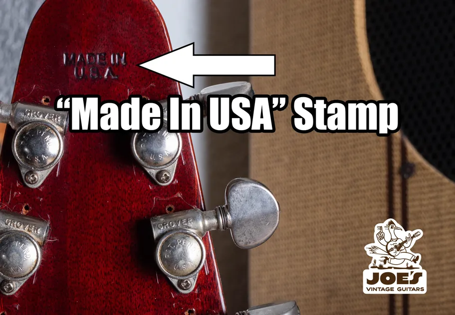Made in USA stamp on the back of a Gibson guitar headstock, required on all Gibson instruments from 1970 onward by US customs regulations