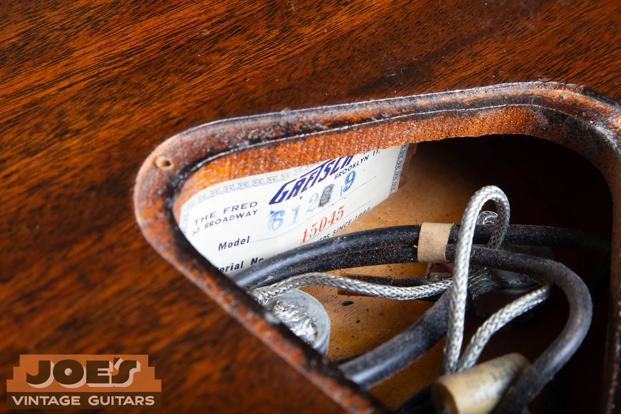 Interior control-cavity label of a Gretsch Silver Jet reading model 6129 and serial number 15045.