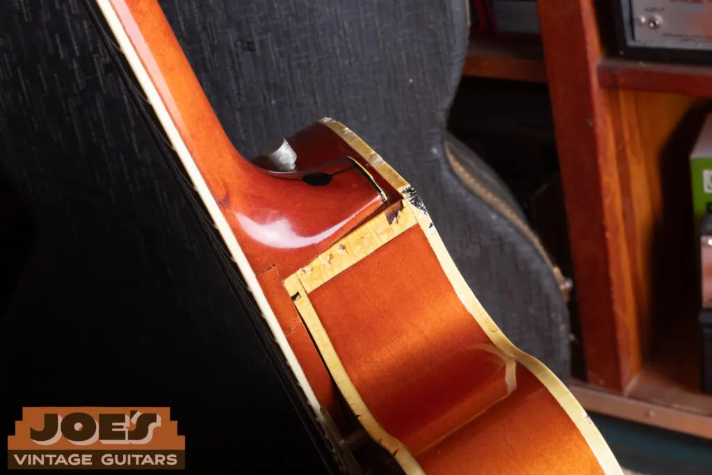 Severe celluloid binding rot on a vintage 1959 Gretsch 6120. We buy vintage Gretsch guitars in any condition at Joe’s Vintage Guitars.