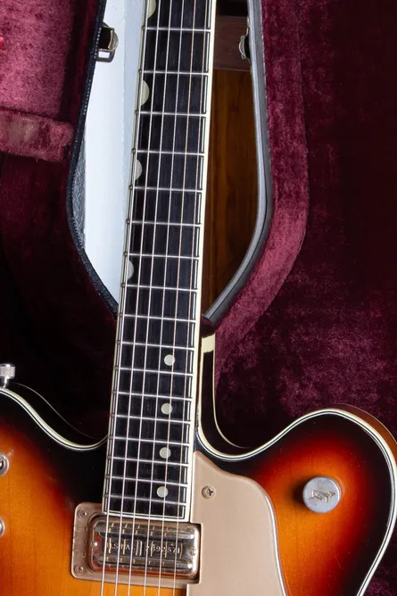 T-Zone Tempered Treble fingerboard on a Gretsch Viking, pattern inlay switching to plain dots from the 15th fret onward