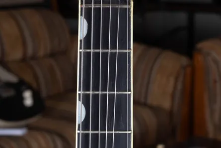 Gretsch Neo-Classic thumbprint fingerboard inlays, oval inlays on the bass-side edge, standard 1958 through the mid-1960s