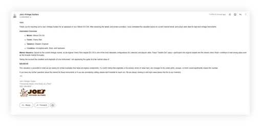 Email from Joe explaining market value of cherry red Gibson ES-335