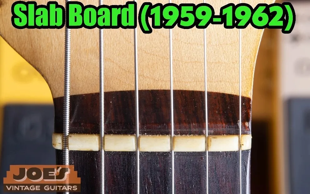 A Fender slab rosewood fretboard, 1959 to mid-1962, showing a thick convex rosewood band at the headstock