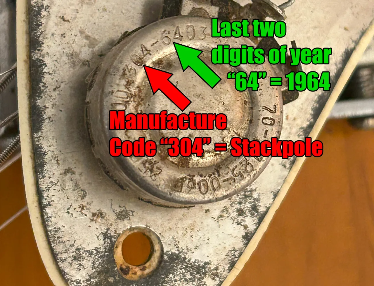 A Stackpole potentiometer code 3046403 decoded: maker 304, year 1964, week 3