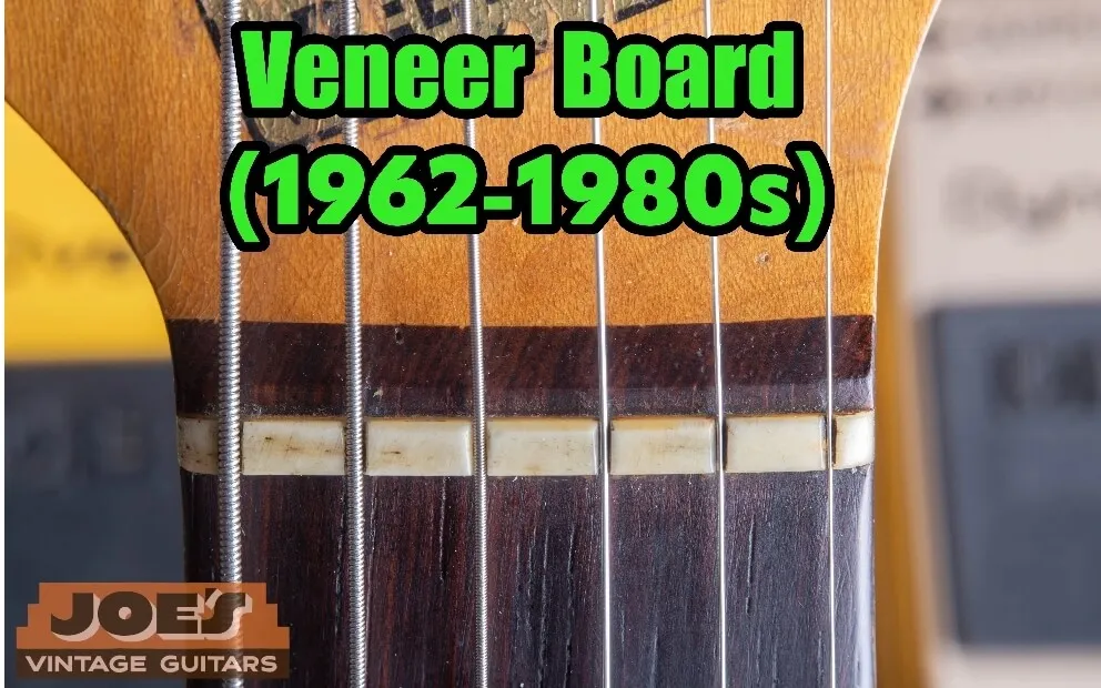 A Fender veneer rosewood fretboard, mid-1962 onward, showing a thin flat rosewood line at the headstock